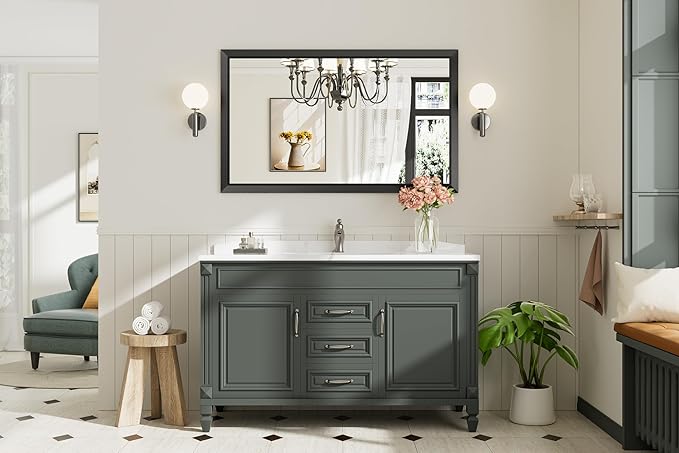 50x30 Inch Black Bathroom Mirror for Wall, Thick Metal Framed Rectangle Mirrors for Over Sink, Bedroom, Living Room, Entryway, Anti-Rust, HD Tempered Glass