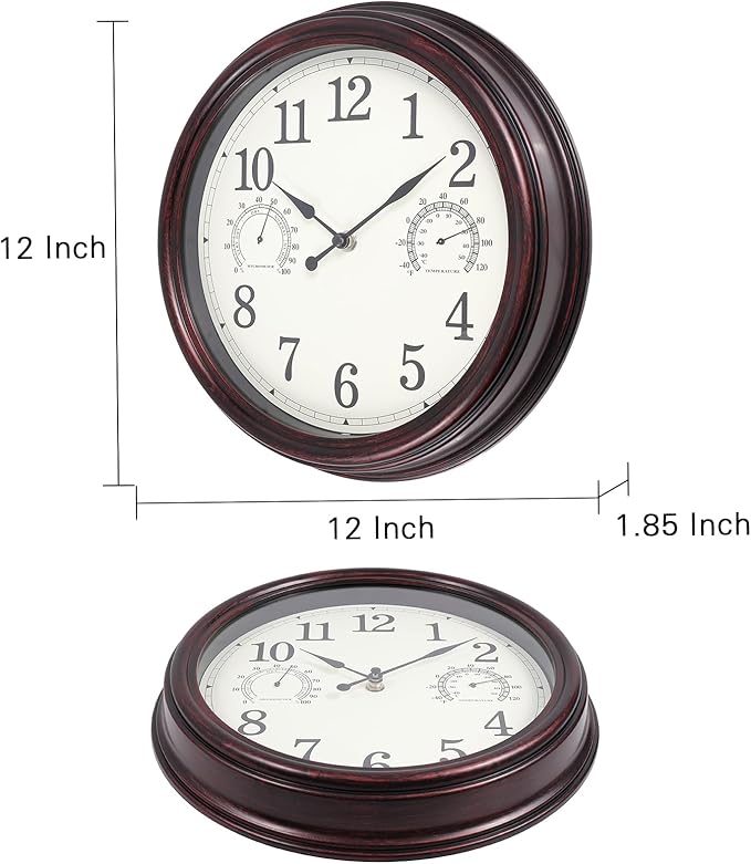 12 inch Outdoor Wall Clock, Plastic Waterproof Outdoor Clocks with Temperature & Humidity, Water Resistant Wall Clock for Patio Garden, Dark Brown