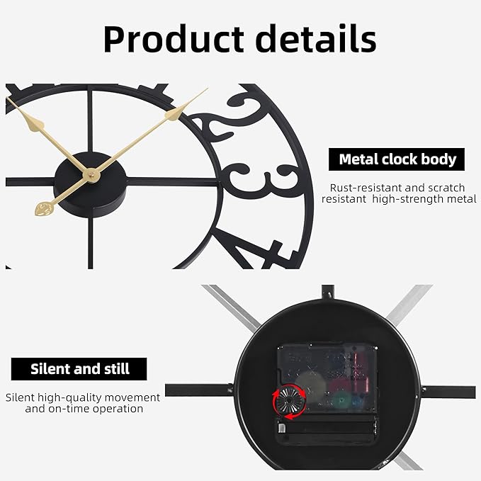 Wall Clock Battery Operated,Silent Non Ticking Modern Rustic Metal Small Clocks for Living Room/Bedroom/Office/Kitchen/Farmhouse Home Decor-16IN(Arabic Number-Black)