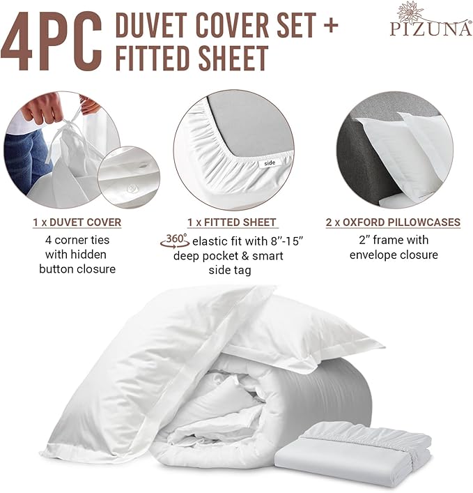 Pizuna 100% Cotton Queen 3 Pc Duvet Cover + 1 Pc Fitted Sheet Set 400 Thread Count White Sateen Weave Luxurious Long Staple Cotton 4 Piece Bedding Set - 1 Duvet Cover, 2 Pillow Shams, 1 Fitted Sheet