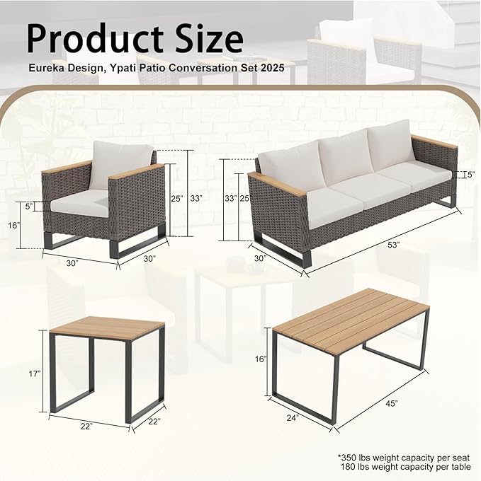 Ypati 2-Piece Handwoven Rattan Patio Modern Style Conversation Set, Aluminum Frame and Wooden-Style Armrest for Porch, Balcony, Garden, 3-seats Sofa with Conversation Table, Black & Light Gray