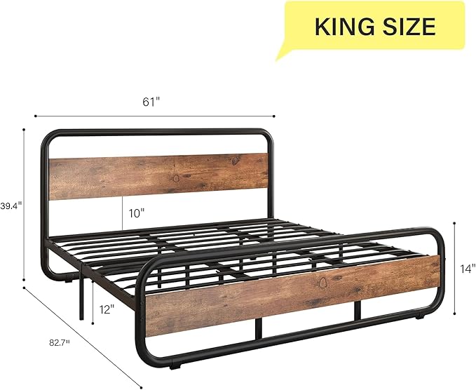 Catrimown King Size Bed Frame, Metal Rustic Bed Frame with LED Headboard, Rustic Industrial Heavy Duty Wooden Platform Bed Frame with Under Bed Storage, Noise Free, No Box Spring Needed, Black
