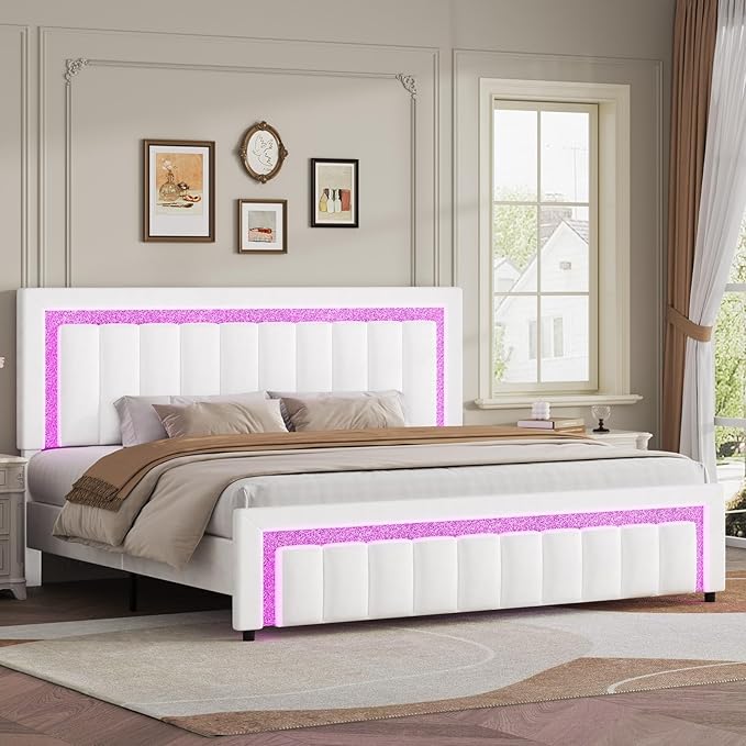 HOMBCK King Size Bed Frame with LED Lights and Velvet Upholstered Headboard, Bed Frame King with Modern Diamond Headboard Adjustable, Wooden Slats Support, Noise Free, No Box Spring Needed, White