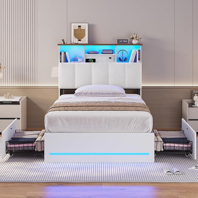 AOGLLATI Twin Bed Frame with 4 Storage Drawers & Charging Station & LED Lights, Twin Bed Frames with Stylish Bookcase Headboard, Led Bed Frame with Metal Slats, No Box Spring Needed,White