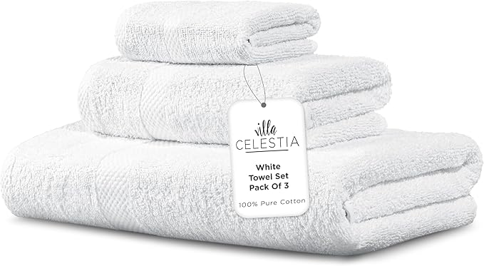 100% Combed Cotton Bathroom Towel Set of 3- 1 Bath Towel, 1 Hand Towel, 1 Wash Cloth, Sustainable, Soft, Highly Absorbent 3 Piece Cotton Bath Towel Set Ideal for Hotels, Spa, Bathroom, Dorm, White