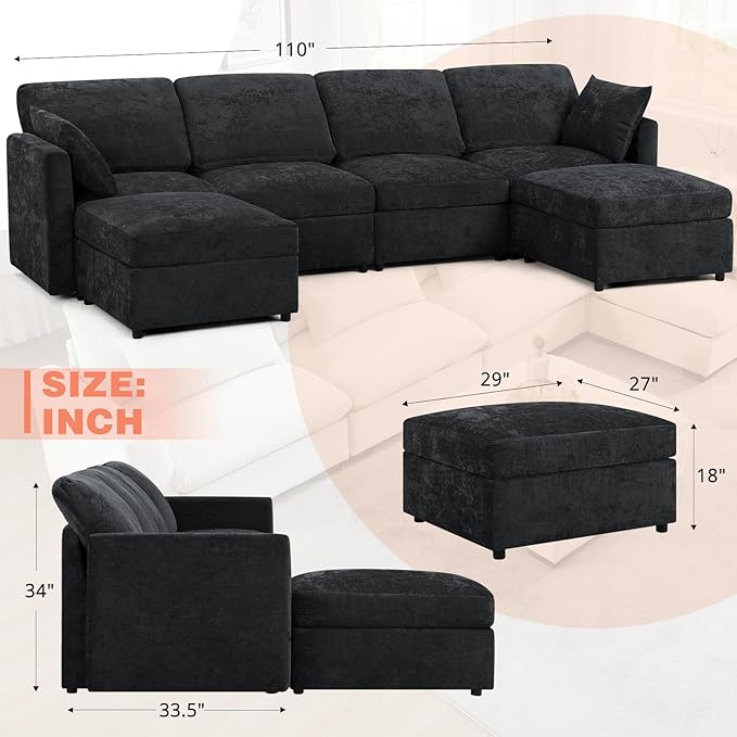 110” Chenille 4 Seats Sofa W/2 Movable Ottoman, Modern Fabric U Shaped Couch w/Soft Backrest, Upholstered Sectional Sofa w/Armrest Pillows for Living Room, Office, Black