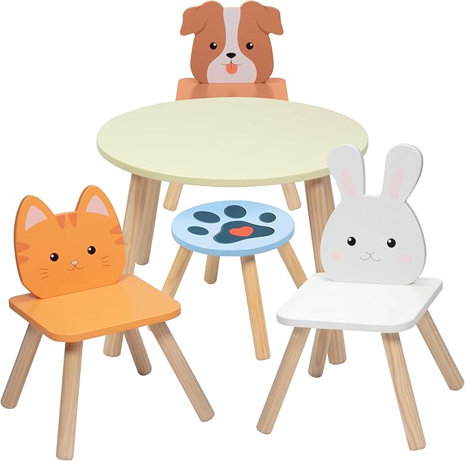 Kids Wooden Animal Table & Chair Set w 4 Seats- Puppy Kitten Bunny Plus Adult Stool for Arts Crafts Activity, Dining, Pretend Play- Durable Playroom Furniture for Home, Daycare Classroom- Toddler Gift