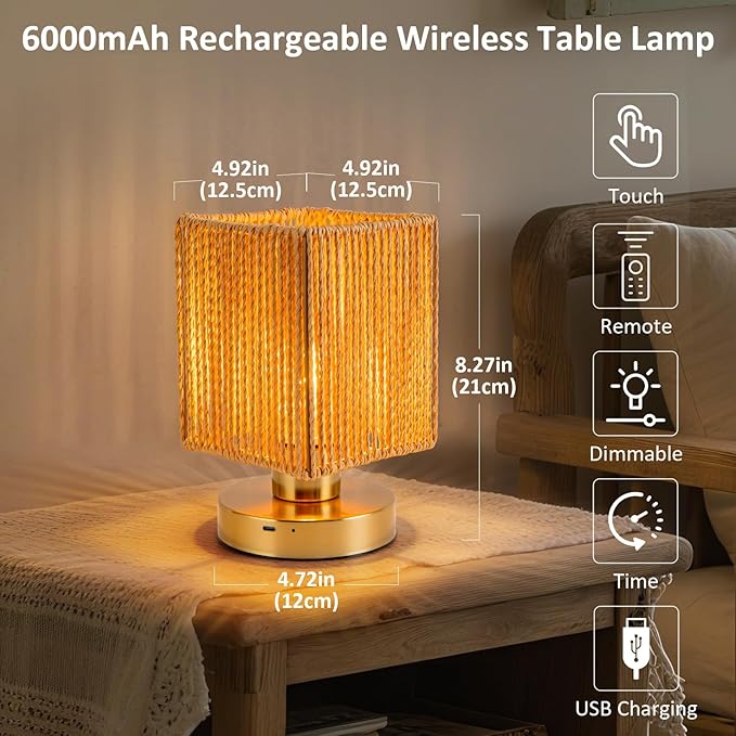 Rattan Table Lamp, 6000mah Battery Operated Table Lamp, Boho Small Desk Lamp, 3 Brightness Dimming for Bedroom Living Room Kids Room Touch Switch, Bulb Included