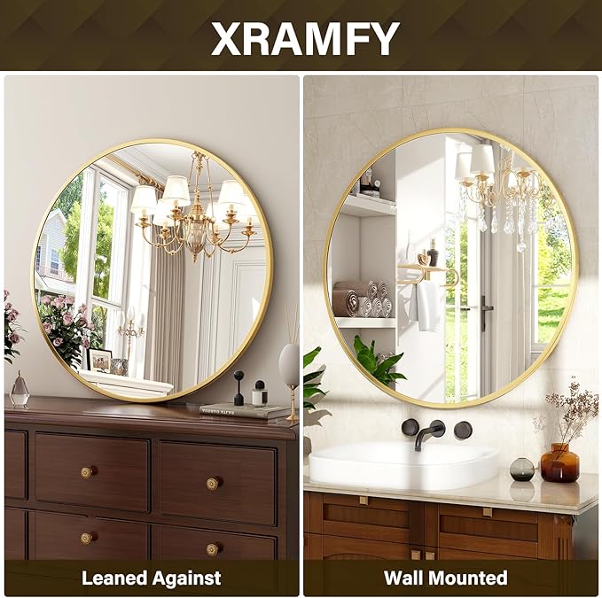 24 Inch Round Mirror - Circle Mirrors for Bathroom, Entryway and Living Room Wall Decor, Modern Hanging Vanity Mirror, Matte Gold Circle Decorative Wall Mirror