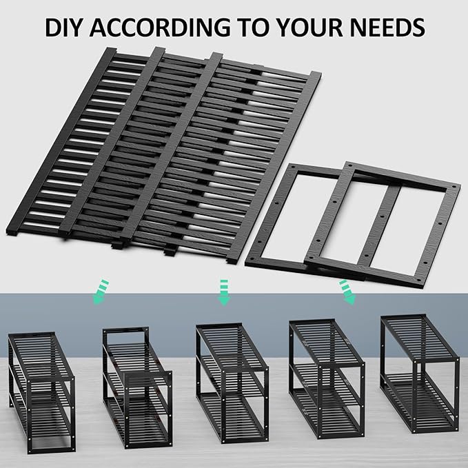 Bamboo Shoe Rack for Closet, Stackable 3 Tier Longer Shoe Organizer Shelf Holder Storage 12-15 Pairs for Entryway Door Hallway Bedroom Garage Space Saving Foldable Black
