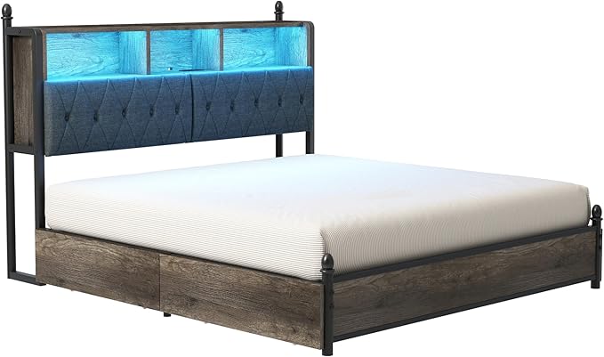 AMERLIFE King Size Bed Frame with Bookcase Headboard and 4 Storage Drawers, Wooden Platform Bed with Charging Station and LED Light, No Box Spring Needed/Noise-Free, Gray