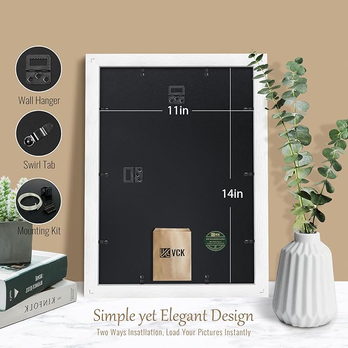 VCK 11x14 Picture Frame Set of 4 - White, Gallery-Quality Wood Poster Frames, 1.1-Inch Wide Border, Polished Plexiglass, Vertical or Horizontal Wall & Tabletop Display for Photo/Art/Prints, White