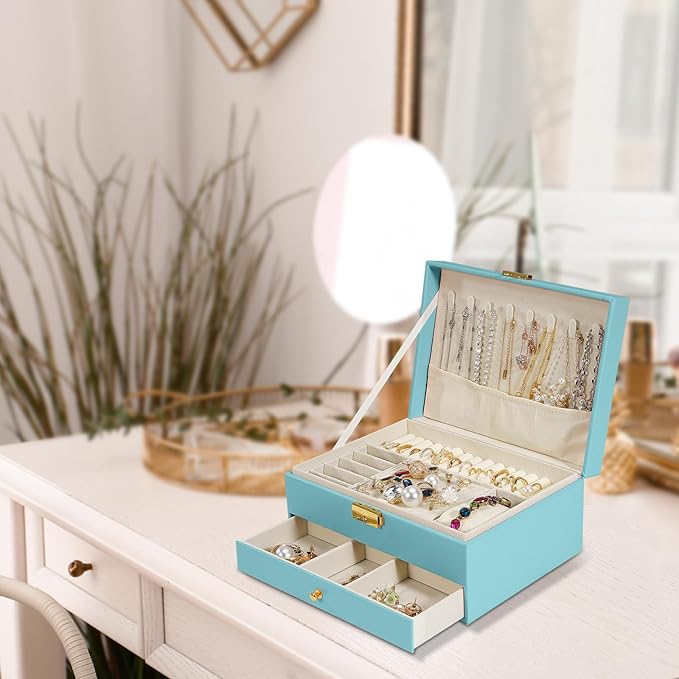 2-Layer Jewelry Box for Women, Jewelry Organizers and Storage with Removable Jewelry Tray, Vintage Quilted Top Lockable Jewelry Holder Gift Idea Sky Blue
