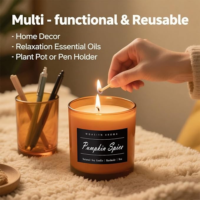 MOASITN Pumpkin Spice Strong Scented Large Luxurious Candles for Home| Organic Soy Fall Candles| Handmade Long Lasting Aromatherapy Jar Candel for Women,Men| as Autumn,Halloween,Relaxing Gifts| 9oz