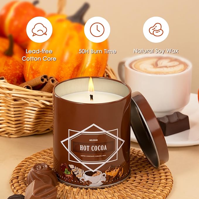 Fall Scented Candle ā Hot Cocoa Soy Candle 9oz, 50 Hour Burn, Non-Toxic Autumn Decor, Holiday Gift for Women & Men