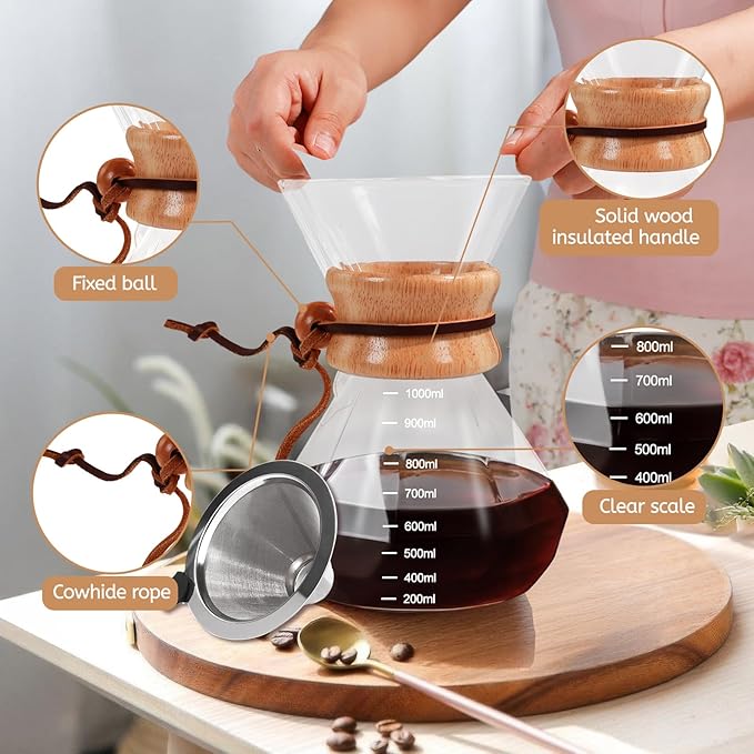 Pour Over Coffee Maker 1000ml with 304 Stainless Steel Filter and Wooden Collar Holder Borosilicate Glass Drip Coffeemaker Server Set Clear Hand Brew Dripper Carafe for Home Camping Travel 33.8oz