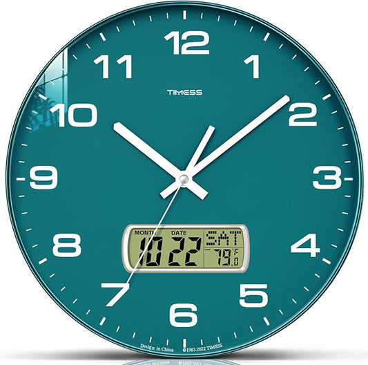 Wall Clock, 10" Dial Non-Ticking Silent Battery Operated Analog with LCD Display for Perpetual Calendar and F° Temperature, Ideal Modern Home, Office Decor (Green)