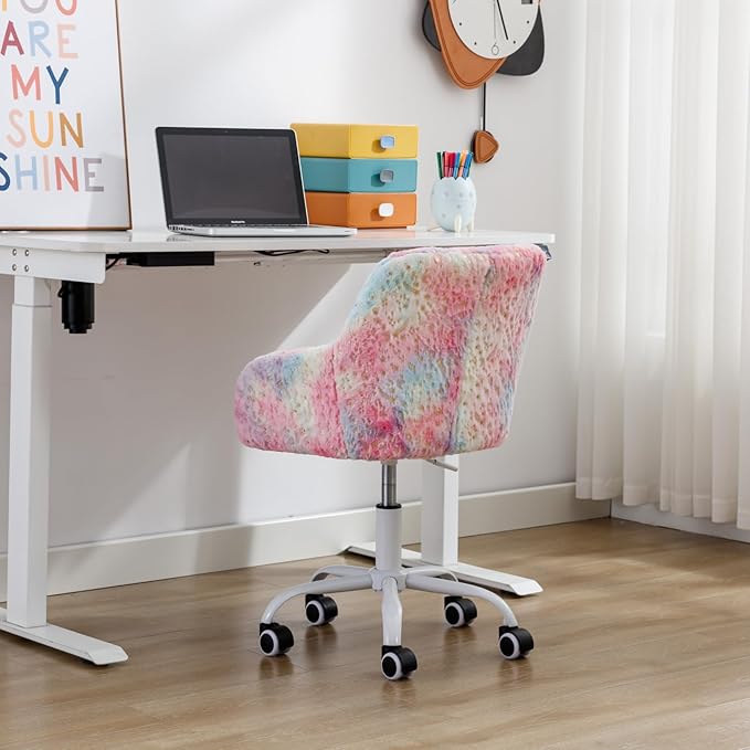Kids Desk Chair Cute Swivel Reading Chair, Upholstered Adjustable Faux Fur Study Chair with White Wheels for Reading Room Bedroom, Colorful