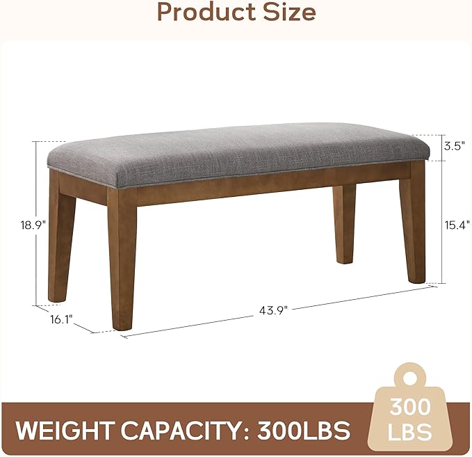 HUIMO Upholstered Entryway Bench, Bedroom Bench with Solid Wooden Legs, End of Bed Bench with Padded Seat for Living Room, Bedroom, Corners, Kitchen (Grey)
