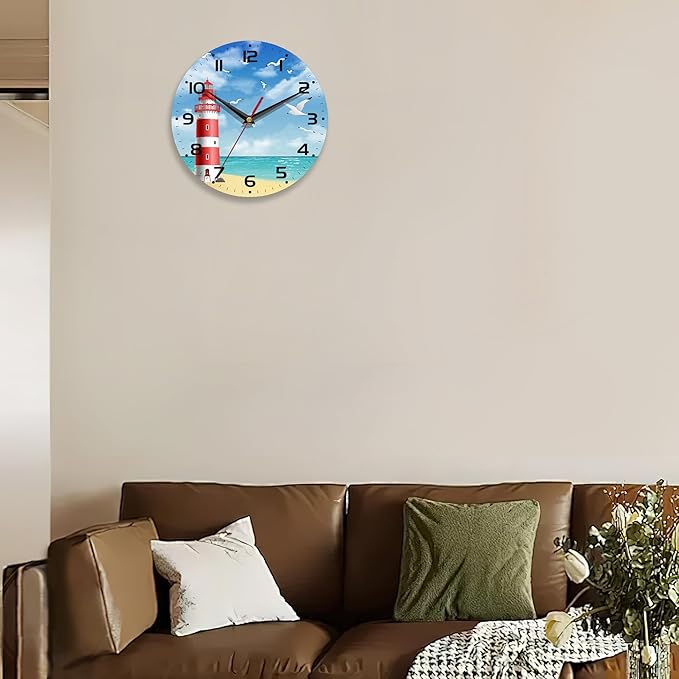 Wall Clocks Battery Operated,Lighthouse Clock for Living Room,Seagull Seaside Decorative Wall Clock for Living Room,Bedroom,Kitchen,10 Inch