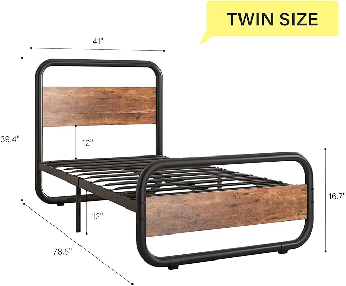Catrimown Twin Bed Frame, Twin Size Bed Frame with LED Light and Wood Headboard, Heavy Duty Metal Rustic Platform Bed Frame with Under Bed Storage, Noise Free, No Box Spring Needed, Rustic Brown