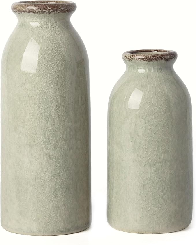 VICTOR & TERESA Green Ceramic Vases Home Decor, Farmhouse Vase for Flowers, Flower Vase Set of 2, Rustic Decorative Vases for Pampas Grass, Table, Living Room, Shelf, Centerpieces, 8 inch