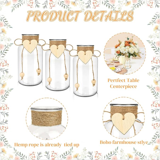 Vintage Glass Vases for Flowers, Set of 3 Mason Jar Vase Table Centerpieces for Farmhouse Room Decor, Wedding, Bridal Shower Bud Vase Set (Small)