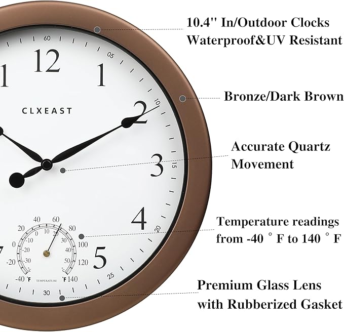CLXEAST 10.4 Inch Indoor Outdoor Clocks Waterproof,Outdoor Clock with Temperature for Bathroom,Kitchen, Patio,Pool,Bronze/Dark Brown Finish,House Warming Gifts New Home