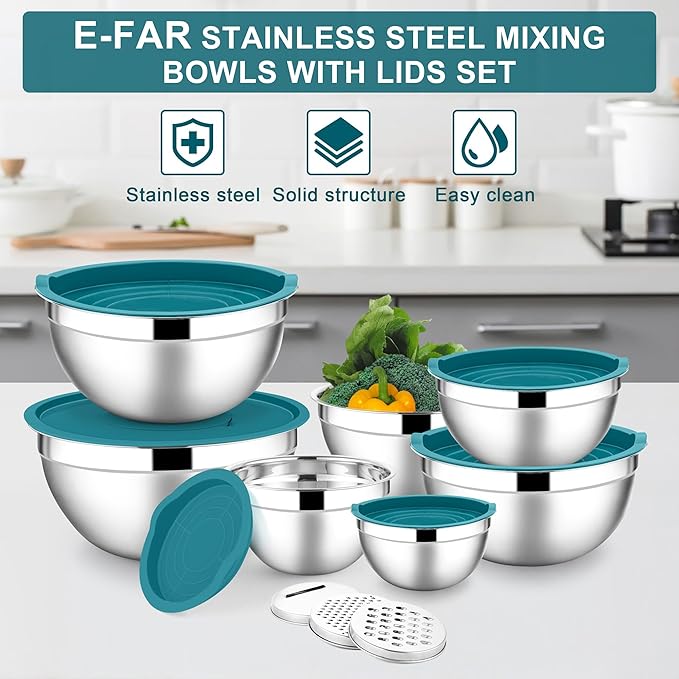 E-far Mixing Bowls with Lids Set, 7-Piece Stainless Steel Mixing Bowls with 3 Grater Attachments, Size 4.6, 3.5, 2.6, 2, 1.5, 1, 0.7QT, Metal Nesting Bowls & Blue Airtight Lids, For Baking/Cooking