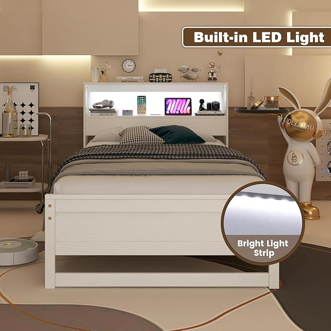 KOMFOTT Twin Size Wood Platform Bed Frame with Charging Station & LED Light, Platform Bed with Storage Headboard & 12” Under-Bed Space, No Box Spring Needed Bed Base, Wood Mattress Foundation (White)
