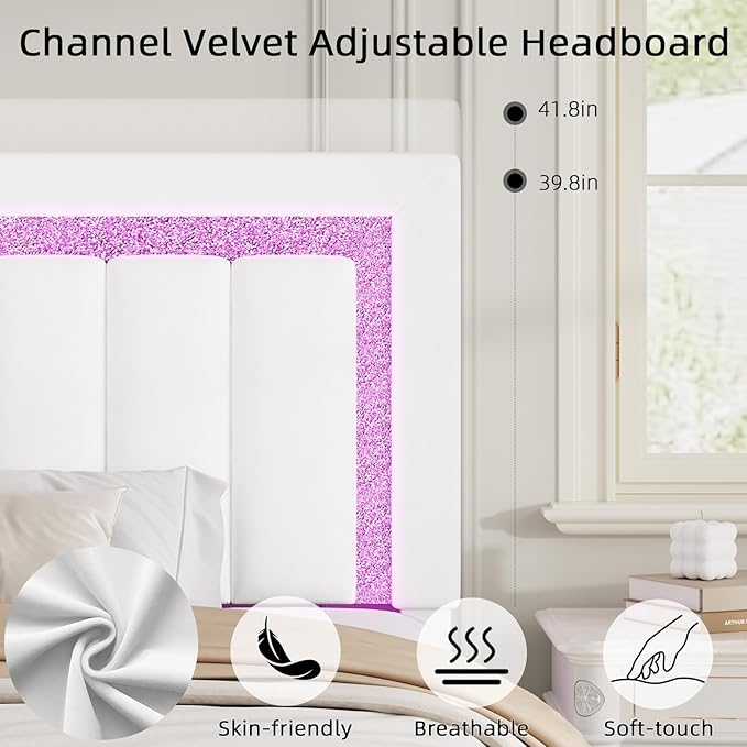 HOMBCK Full Size Bed Frame with LED Lights and Velvet Upholstered Headboard, Bed Frame Full with Modern Diamond Headboard Adjustable, Wooden Slats Support, Noise Free, No Box Spring Needed, White