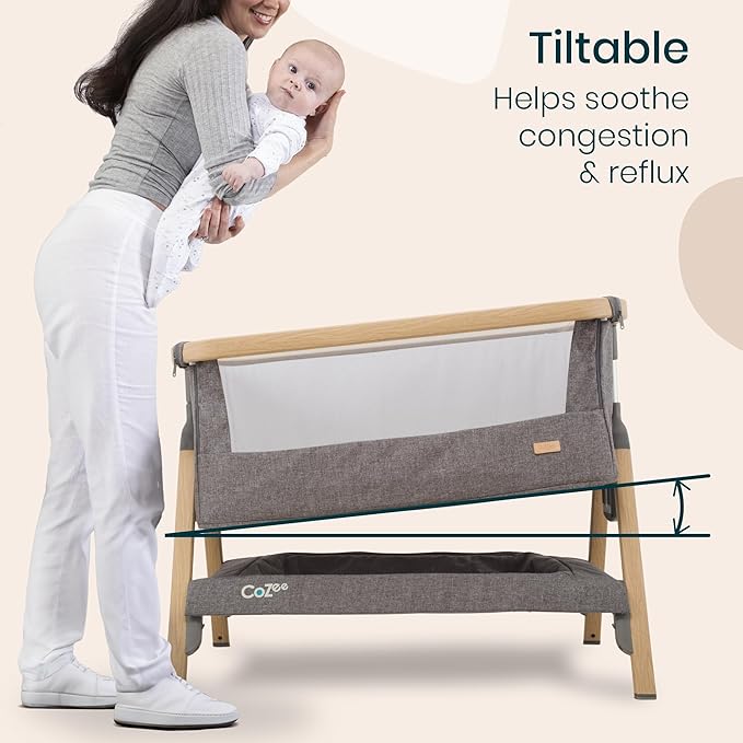 CoZee® 2-in-1 Baby Bassinet & Bedside Sleeper - Fast-Folding Bedside Bassinet, Baby Crib with 6 Mattress Heights & Breathable Mesh Window, Mattress Included, 0-6 Months (Oak & Charcoal)