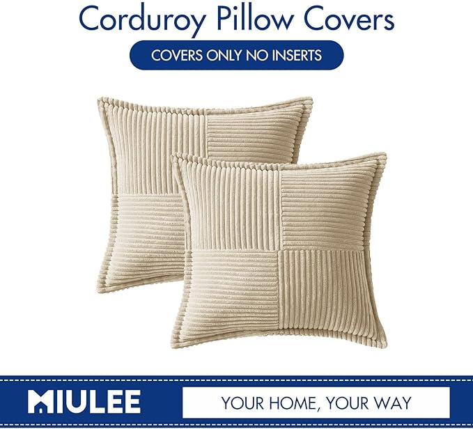 MIULEE Decorative Throw Pillow Covers for Couch Bed Livingroom 16x16 Inch Set of 2 Cream Boho Accent Throw Pllows Broadside Striped Patchwork Soft Corduroy Pillowcases