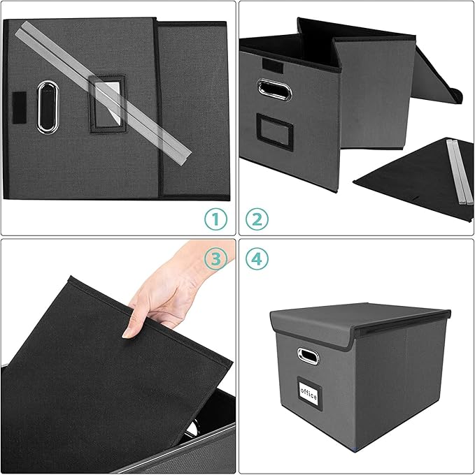 Huolewa File Organizer Boxes with Lids, Linen Office Document Storage Boxes, Filing Boxes, Decorative Small File Boxes for Hanging Files with Plastic Slide for Office/Cabinet/Decor/Home