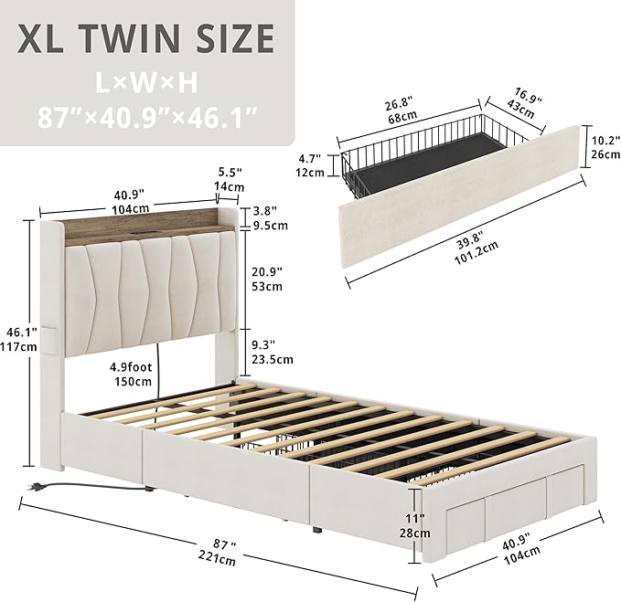 ANCTOR Twin XL Bed Frame with 3 Drawers, Upholstered Platform Bed with Storage Headboard and Charging Station, No Box Spring Needed, Easy Assembly, Beige