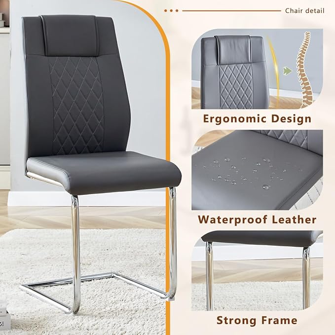 63'' Glass Dining Table Set for 6, Kitchen Table Chairs Set of 6, Clear Glass Dining Table with White unique design Leg and Silver Metal Base, 6 PU Dining Chairs with Metal Legs, Living Room, Kitchen.