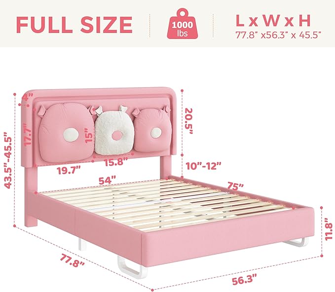 Full Size Upholstered Bed Frame with LED Lights, Girls Bed with Adjustable Chic Double Headboard, Boucle Princess Platform Bed for Girls, Solid Wood Slats Support, No Box Spring Needed, Pink