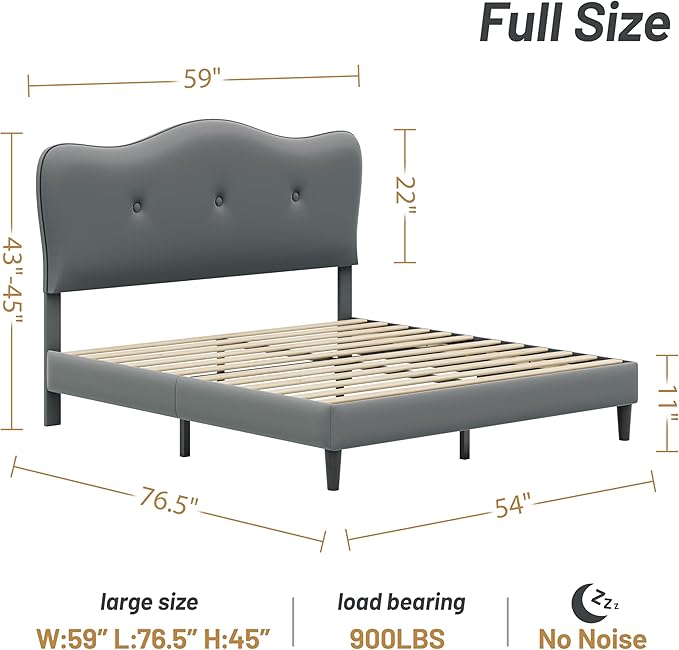Full Size Bed Frame, Upholstered Bed Frame with Headboard, Platform Bed Frame with Wood Slats Support, No Box Spring Needed, Adjustable Height Headboard, Dark Grey