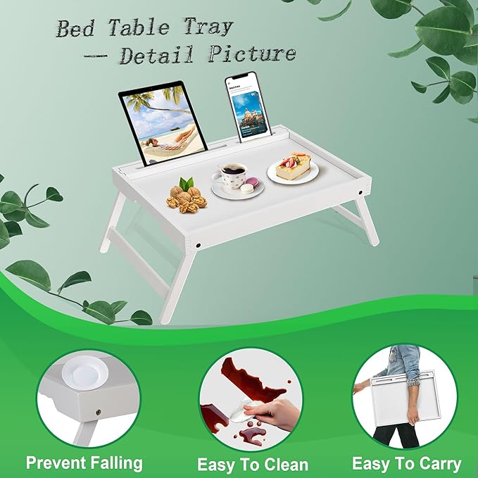 Bed Tray Table with Foldable Legs, Breakfast Food Trays for Eating on Couch with Media Slot for Bed, Eating, TV Tray, Kitchen Serving Tray(White, Medium)