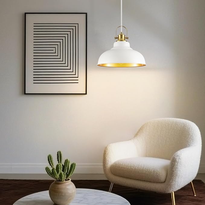 White and Gold Pendant Light, 11.41 Inch Dome Pendant Lights, Industrial Pendant Light Kitchen Island, Farmhouse Pendant Lights 2 Packs, Island Pendant Lights for Kitchen, Dining Room, Living Room