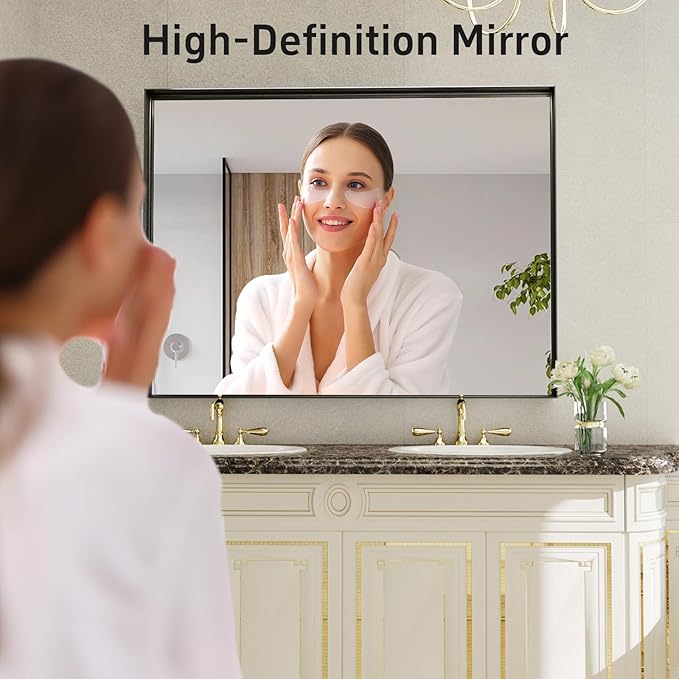 48”x 30” Black Bathroom Mirrors for Over Sink,Large Wall Mounted Rectangular Mirror, Metal Framed, Tempered Glass, Black Bathroom Vanity Mirror, Horizontal/Vertical