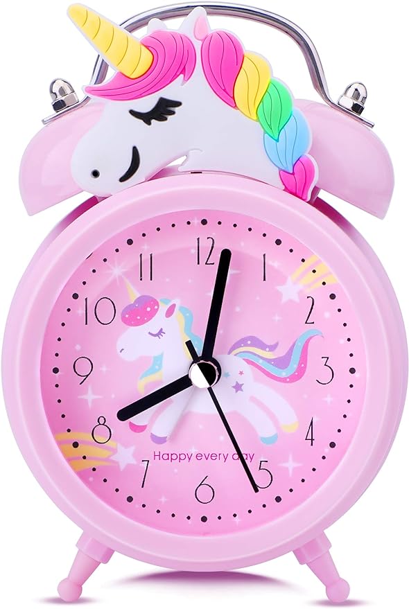 Unicorn Alarm Clock for Girls Kids, Cute Bedroom Decoration, Non Ticking Silent Second Hand, w/Backlight Super Loud Twin Bell, for Kids Unicorn Gifts (Pink)