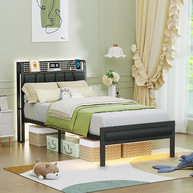 Furnulem Twin Size Bed Frame with LED Light and Charging Station, Grey Upholstered Storage Headboard with Shelf, Metal Platform Bed with Heavy Duty Slats, No Box Spring Needed, Noise Free