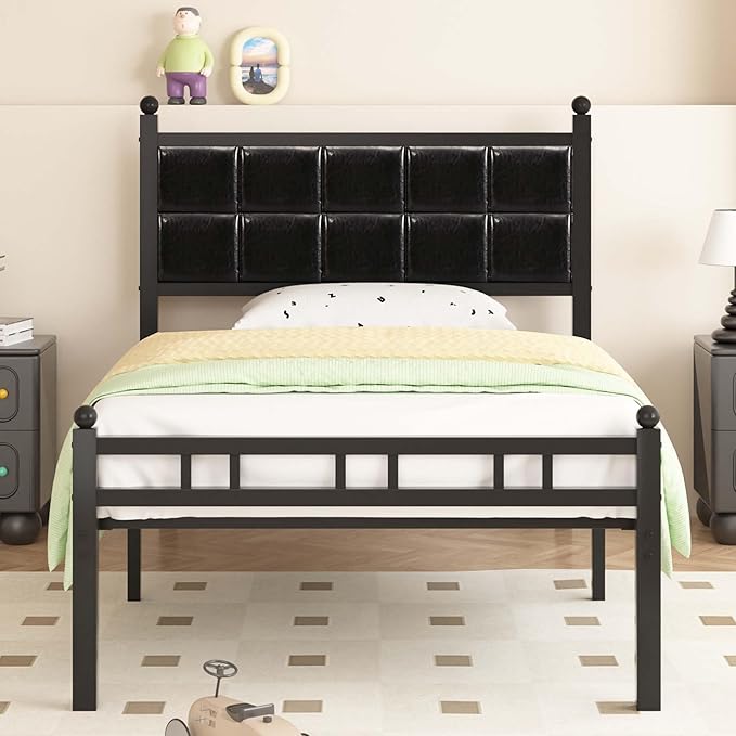 VECELO Twin Bed Frame, Faux PU Leather Platform Beds with Upholstered Headboard and Footboard, Strong Metal Slats Support, Noise-Free, No Boxing Spring Needed, PU Black