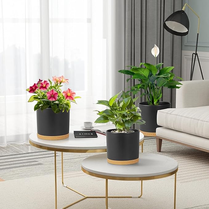 12/10/8 inch Large Plant Pots, 3 Pack Tall Deep Cylinder Flower Pots for Outdoor Indoor Plants, Plastic Planters with Drainage Holes and Saucers for Garden House Plants, Black with Brown