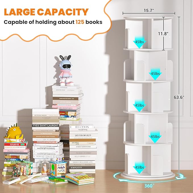 Rotating Bookshelf Tower, 5 Tier Spinning Bookcase, Revolving 360 Book Shelf Narrow Tall Bookcase, Vertical Turning Round Bookshelf Organizer, Wood Corner Book Shelf for Small Space, White