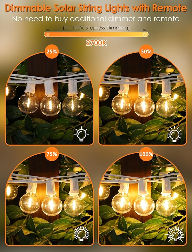 50FT(2x25FT) Solar String Lights Outdoor with Remote, Waterproof Dimmable 3 Modes Patio Lights with 20+2 LED G40 Bulbs for Party Bistro-White
