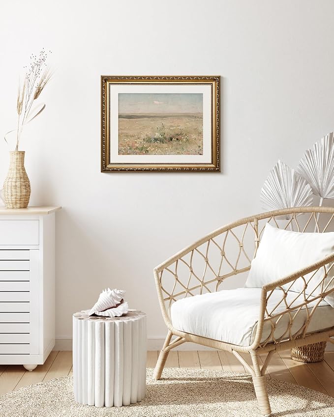 VIYYIEA Gold Framed Wall Art Canvas Print - Vintage Meadow Landscape Oil Painting - Farmhouse Wall Decor - Flower Art - French Decor for Living Room & Cozy Bedroom - 13x16in