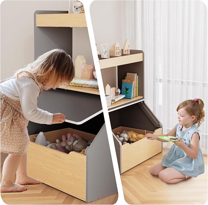 KORIMEFA 37.4" Tall Toy Box & Chalkboard Lid Wood Toddler Bookcase and Kid Toy Storage Bin & Organizer, Gray