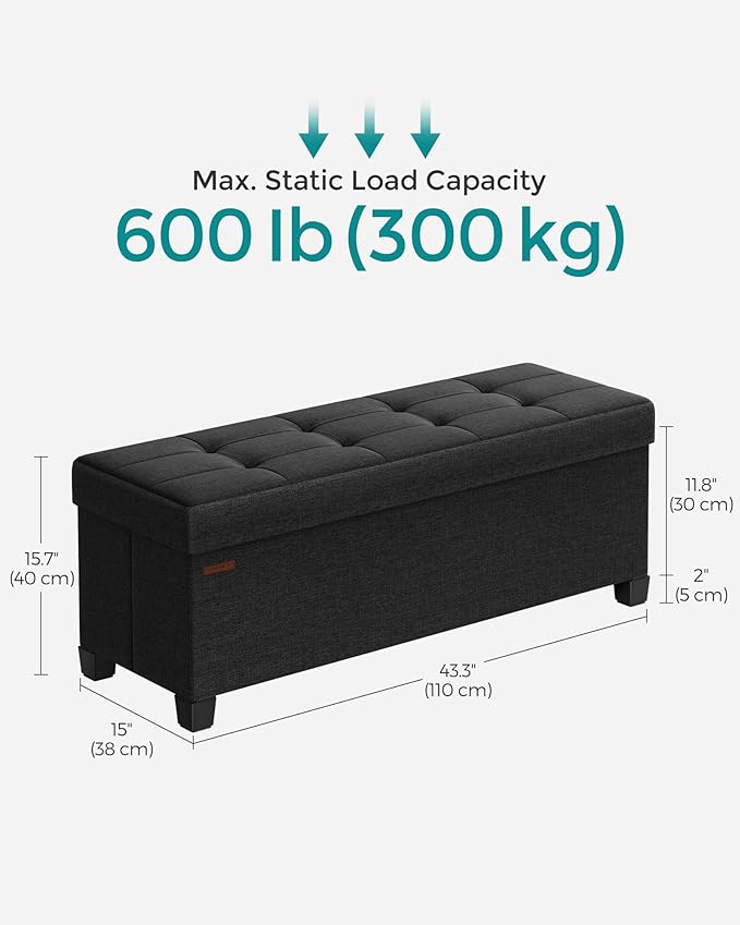 SONGMICS Storage Ottoman Bench, Foldable Foot Rest with Legs, 15 x 43 x 15.7 Inches, End of Bed Bench, Storage Chest, Load up to 660 lb, for Living Room, Bedroom, Entryway, Ink Black ULSF018B01
